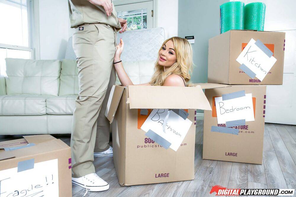 Busty blonde Skyla Novea popping out of box to suck off massive penis - #9