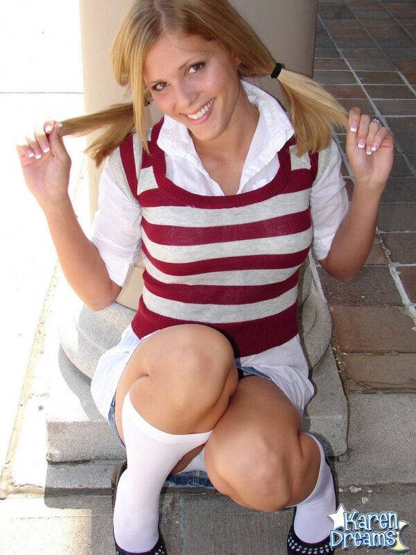 Schoolgirl Karen tugs on her pigtails while exposing cotton underwear - #8