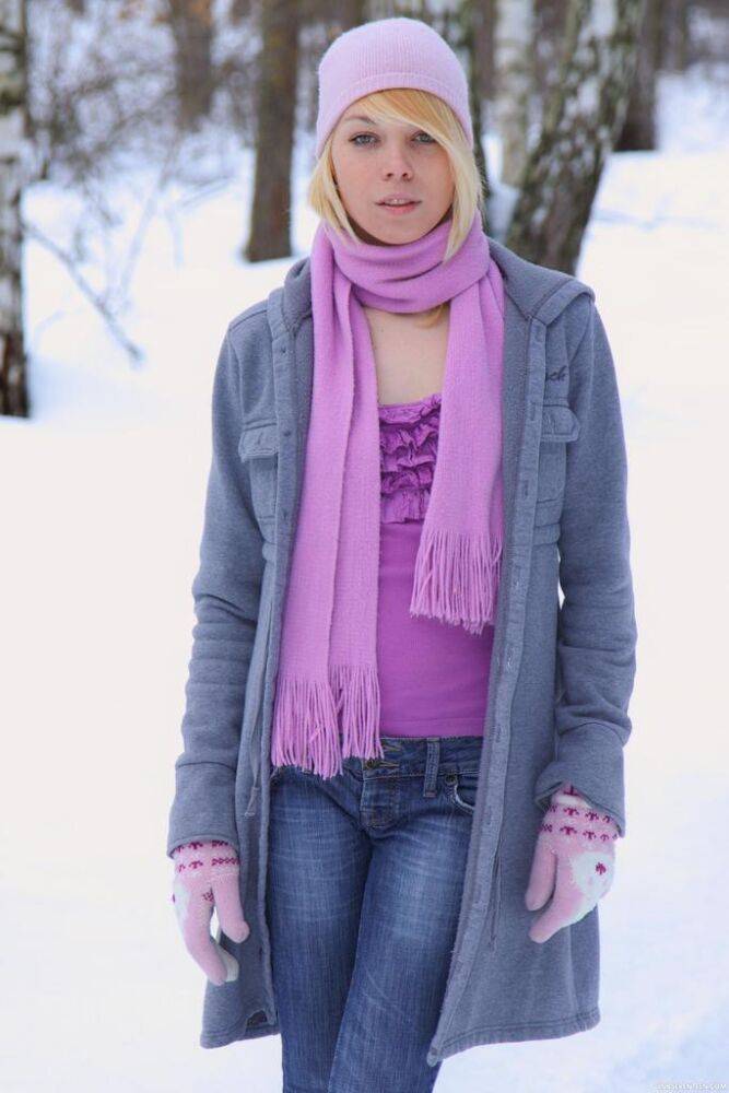 Sweet blonde teen Monica R strips to her socks and boots out in the snow - #16