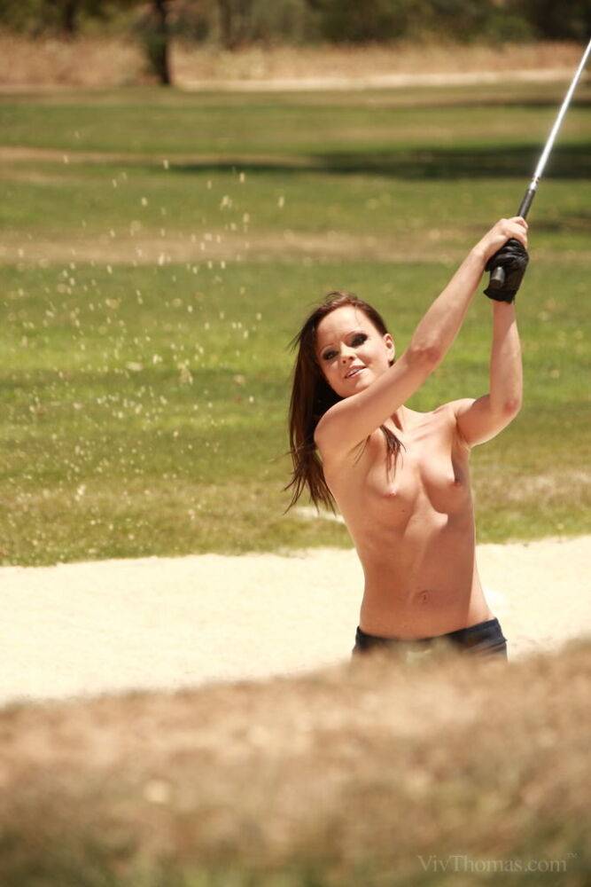 Topless girls Jo & Sandra Shine show great form during chip 'n' putt contest - #11