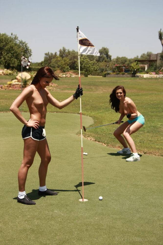 Topless girls Jo & Sandra Shine show great form during chip 'n' putt contest - #5