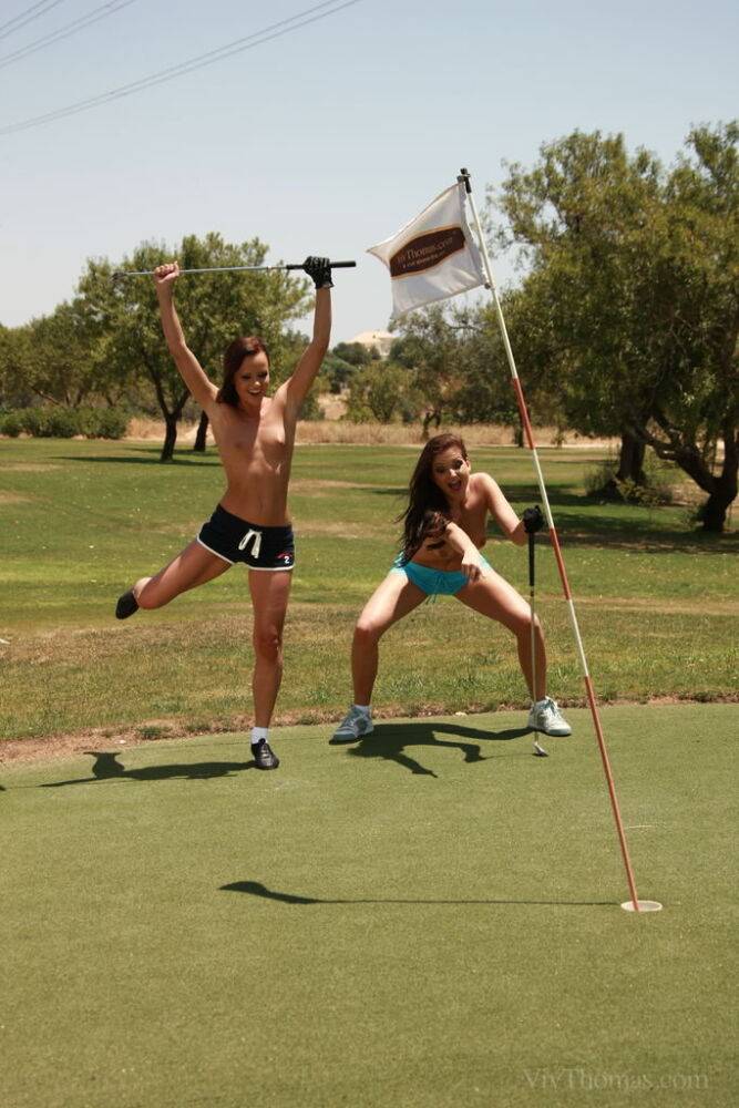 Topless girls Jo & Sandra Shine show great form during chip 'n' putt contest - #9