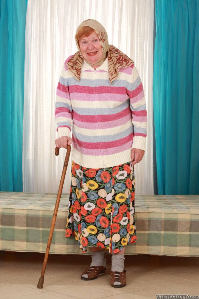 Fat old granny Alice with cane posing fully clothed in long skirt and socks - #13