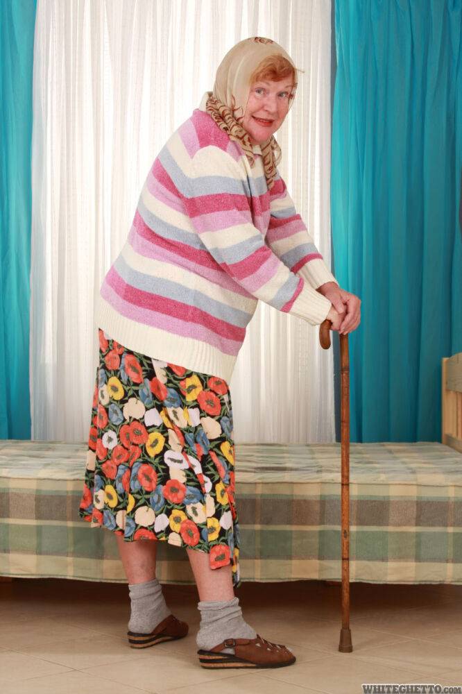 Fat old granny Alice with cane posing fully clothed in long skirt and socks - #2