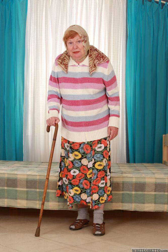 Fat old granny Alice with cane posing fully clothed in long skirt and socks - #6