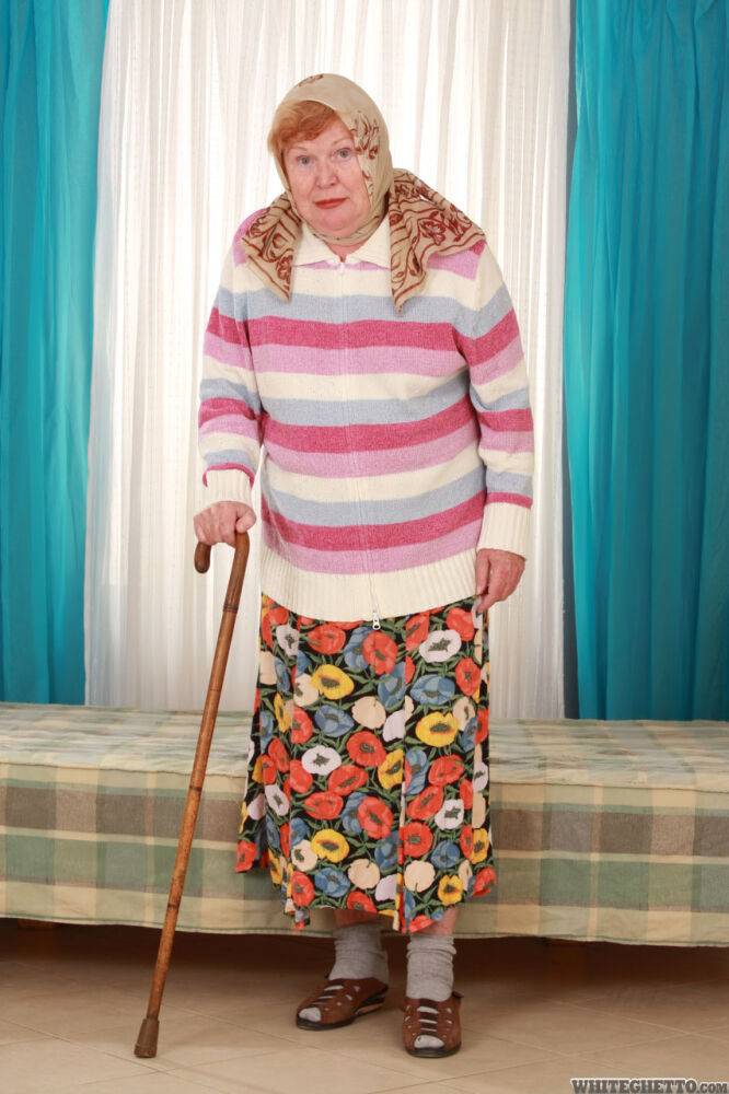 Fat old granny Alice with cane posing fully clothed in long skirt and socks - #9