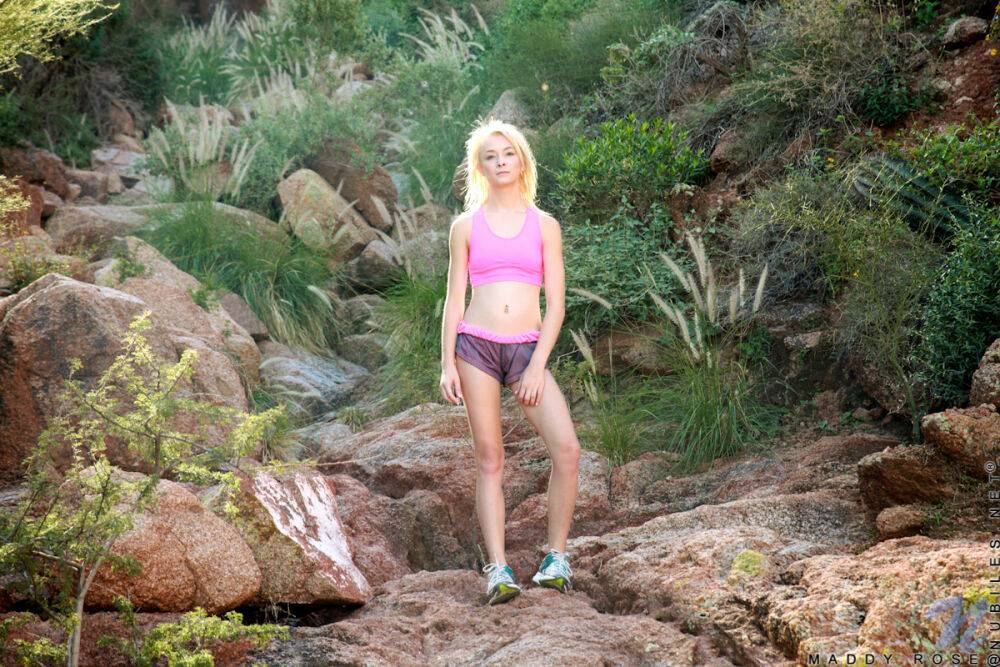 Delicious blonde with tiny tits Maddy Rose gets turned on while hiking - #3