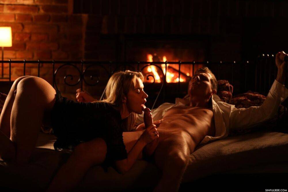 Hot blonde female Angel Piaff and her man friend fuck by light of fireplace - #6