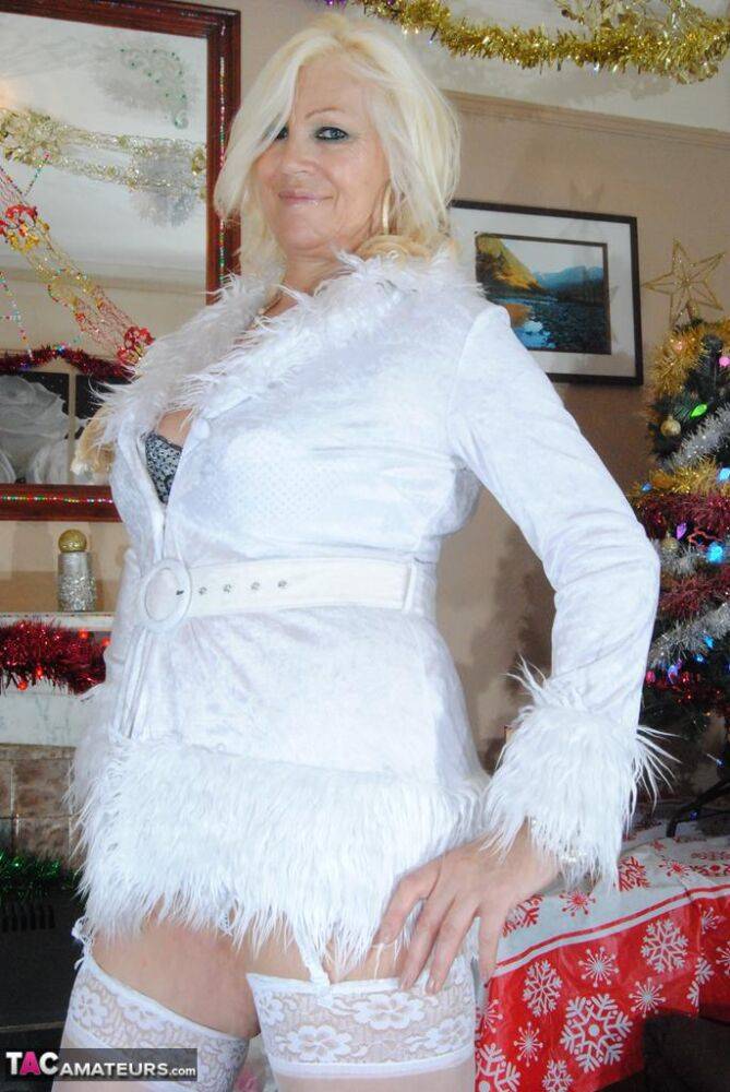Older amateur Platinum Blonde shows her floppy tits in white panties & hosiery - #14