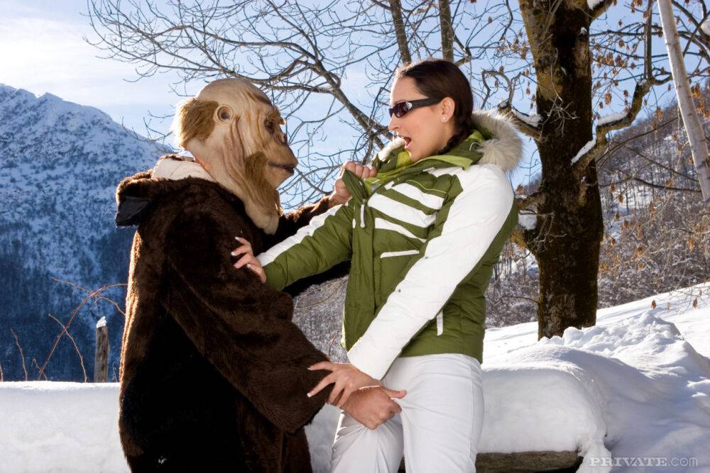 White girl in braided pigtails gets fucked outdoors by the Abominable Snowman - #13