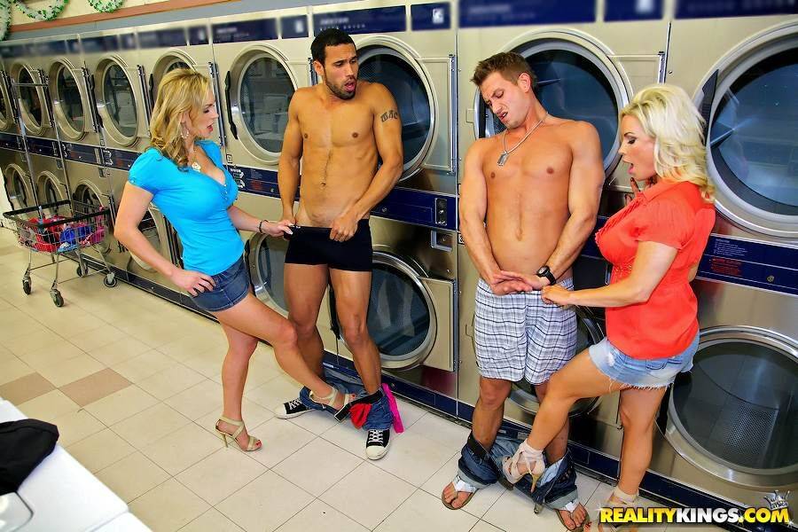 Lusty MILFs Tanya Tate & Amy Carlo teasing a cock in the laundry - #7