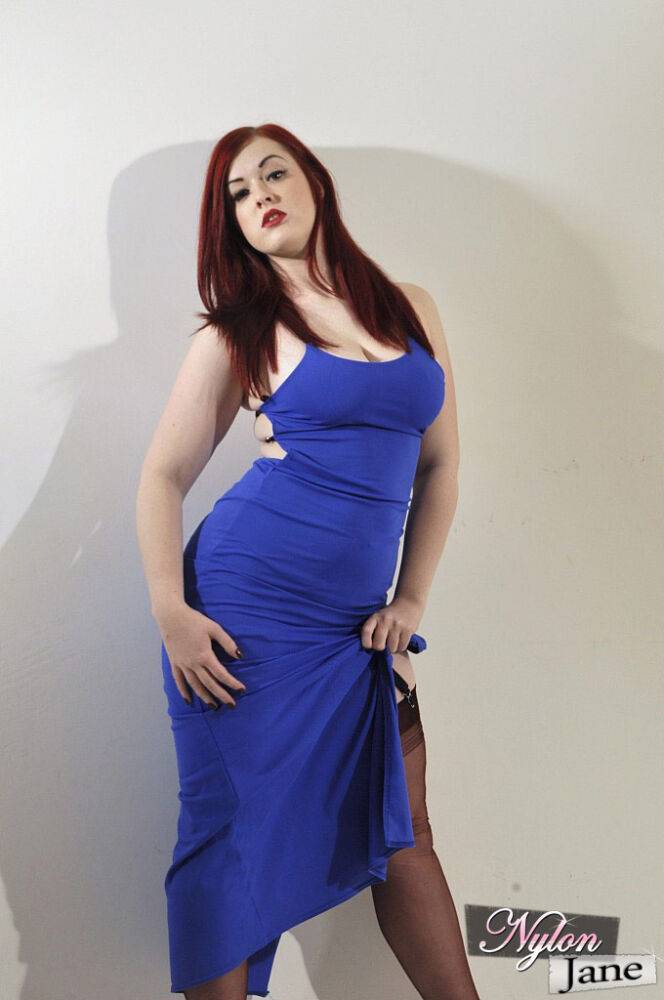 Thick redhead Jay looks so sexy in her blue dress and nylon stockings - #9
