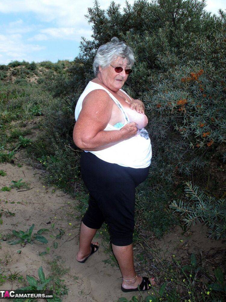 Fat British nan Grandma Libby gets completely naked while out in nature - #1