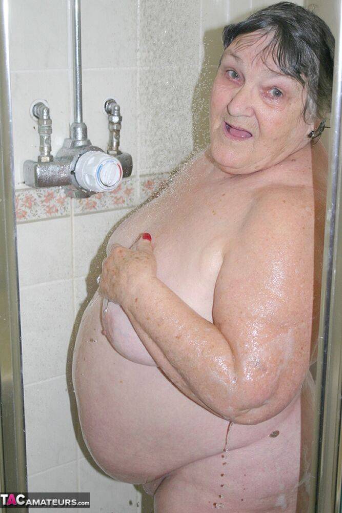 Obese granny Grandma Libby fondles her naked body while taking a shower - #5