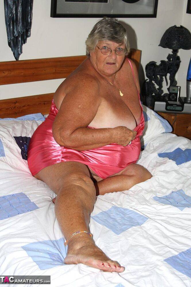 Fat old woman Grandma Libby frees her tan lined body from satin lingerie - #15