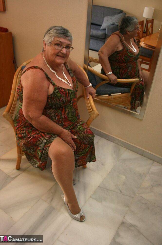 Silver haired granny Grandma Libby exposes her obese figure afore a mirror - #15