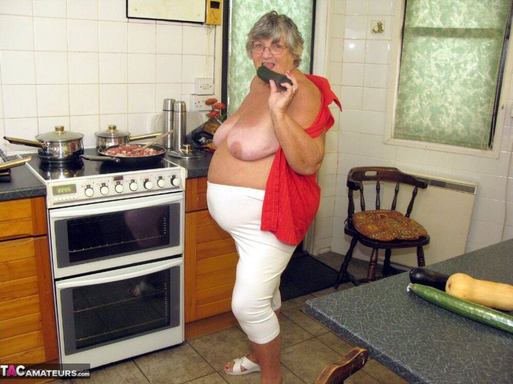 Obese female Grandma Libby masturbates with vegetables after cooking - #10