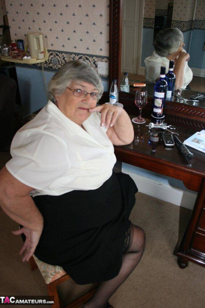 Fat grandmother with short grey hair has phone sex in black stockings only - #13