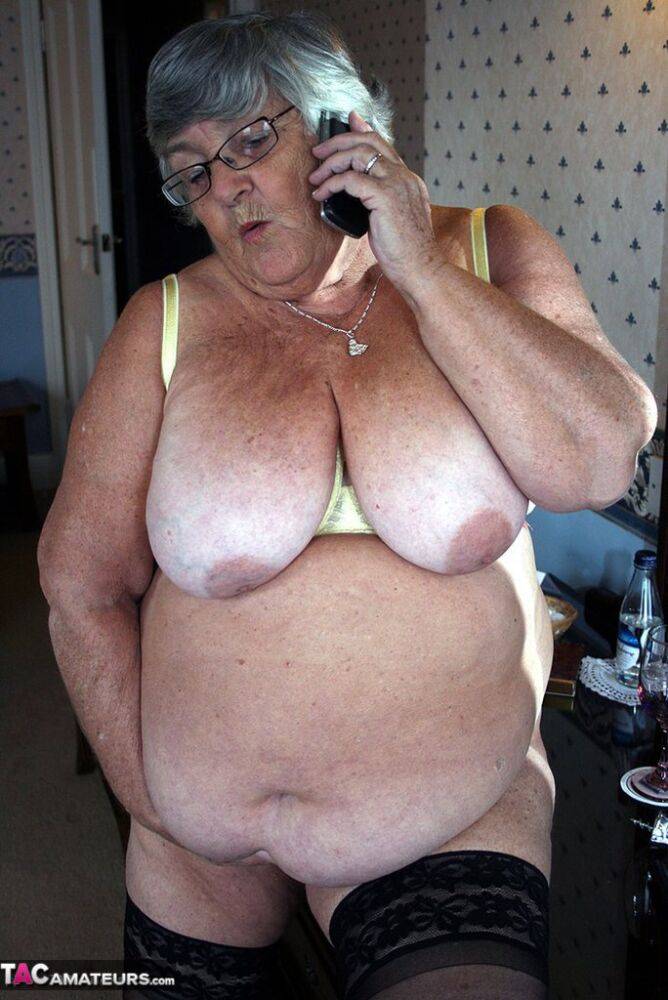 Fat grandmother with short grey hair has phone sex in black stockings only - #9