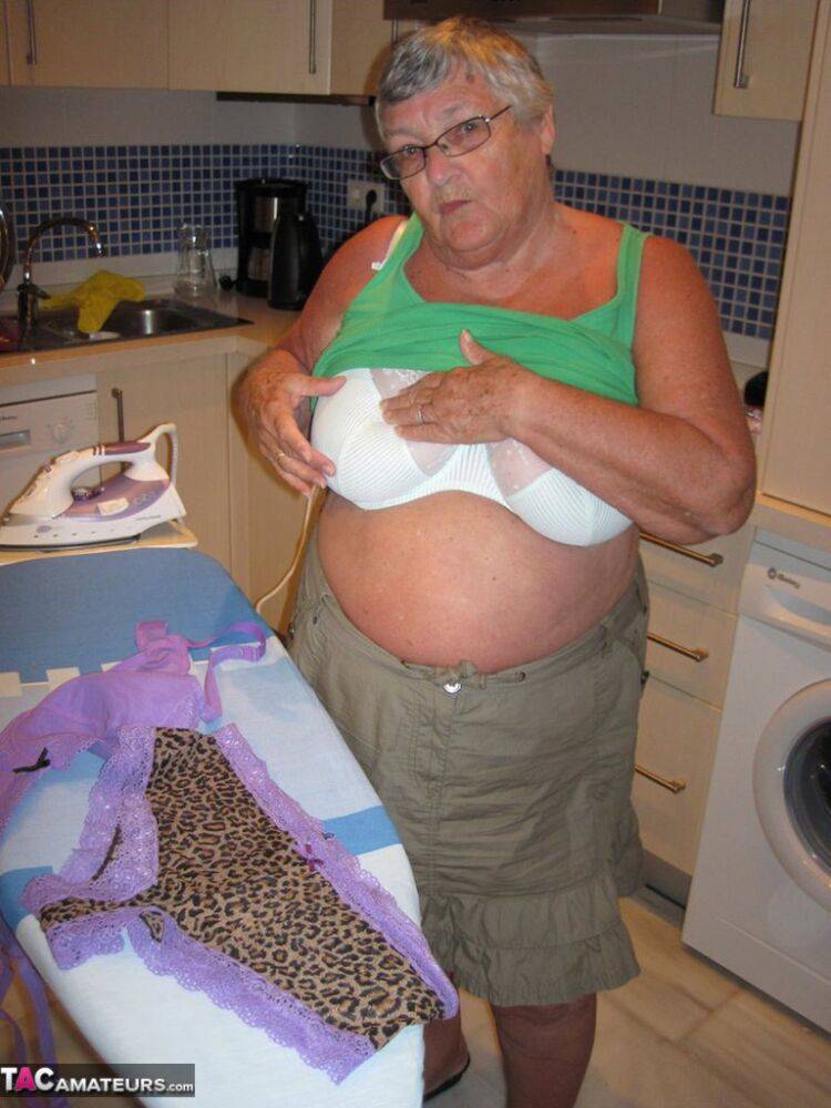 Overweight British oma Grandma Libby exposes her boobs while ironing - #7