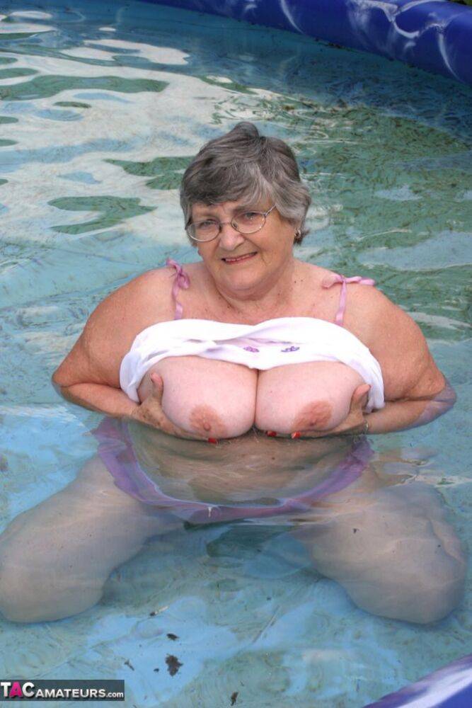 Overweight UK nan Grandma Libby exposes her boobs in a backyard swimming pool - #3