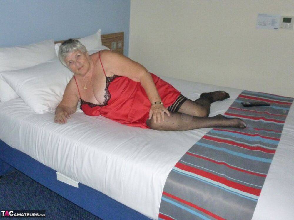 Fat man Grandma Libby doffs her lingerie before masturbating on her bed - #4