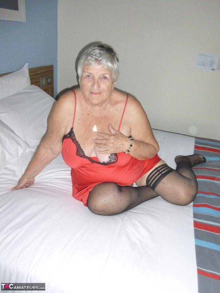 Fat man Grandma Libby doffs her lingerie before masturbating on her bed - #7