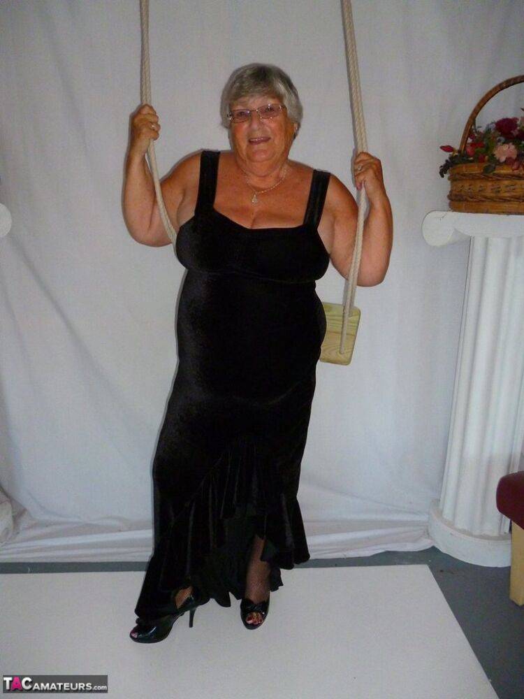 Fat nan Grandma Libby takes off a black dress to model naked in stockings - #7