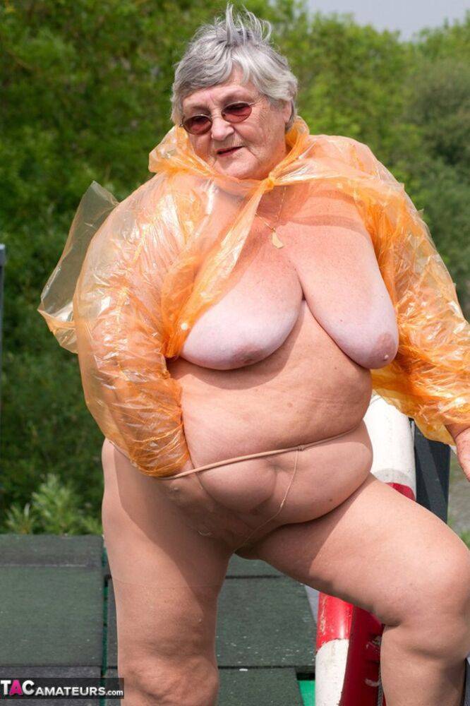 Obese British amateur Grandma Libby casts off a see-through raincoat - #2