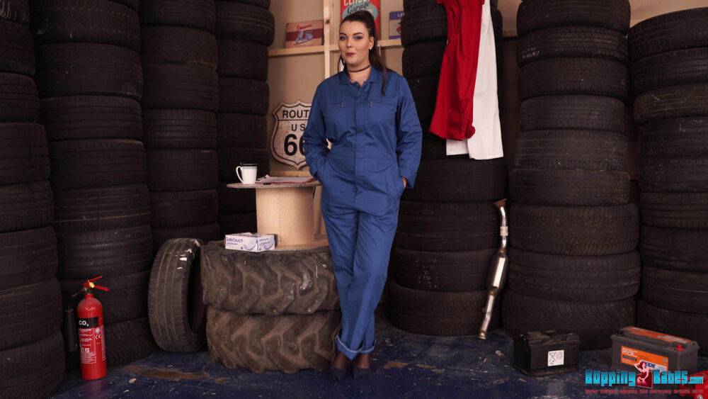 UK amateur Cherry Blush strips down to her stockings next to a stack of tires - #10