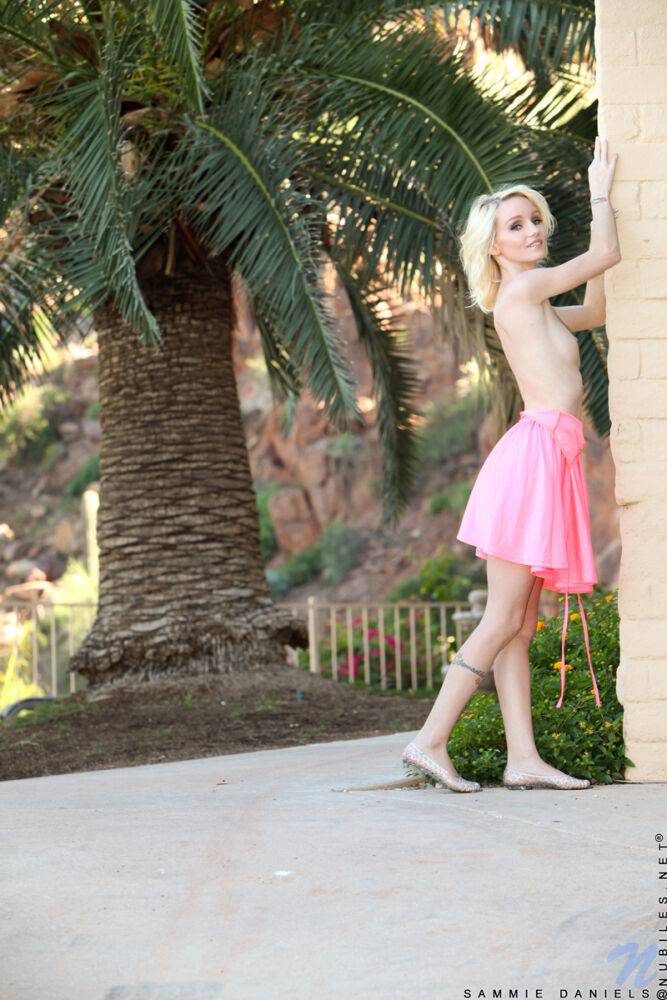Tiny titted skinny teen Sammie Daniels doffs short dress to pose naked outside - #11