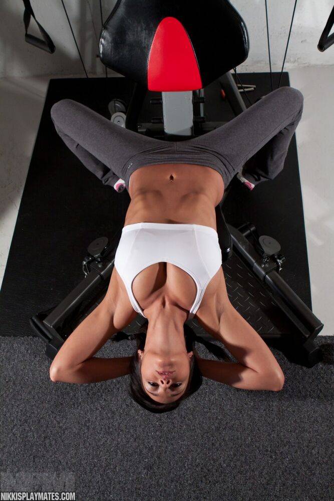 Hot sexy Nikki Sims whale tailing topless at the gym in white thong panties | Photo: 3656682