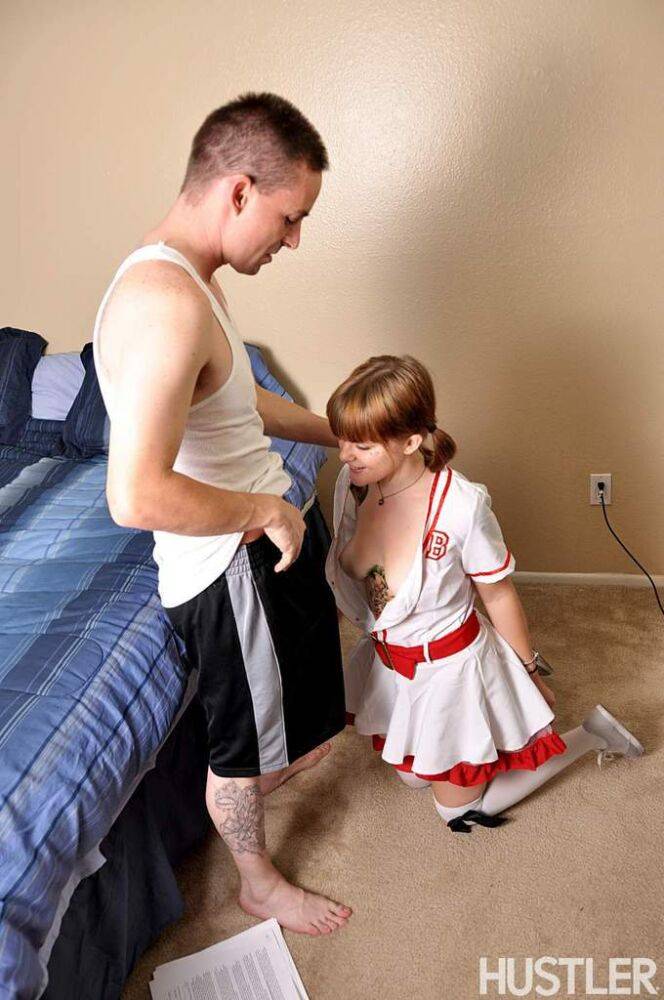 Redhead Mariah Mars seduces a guy in white over the knee socks and pigtails - #15