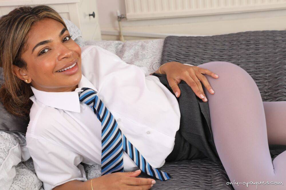 Ebony student Jay exposes her nice tits while wearing white pantyhose - #14