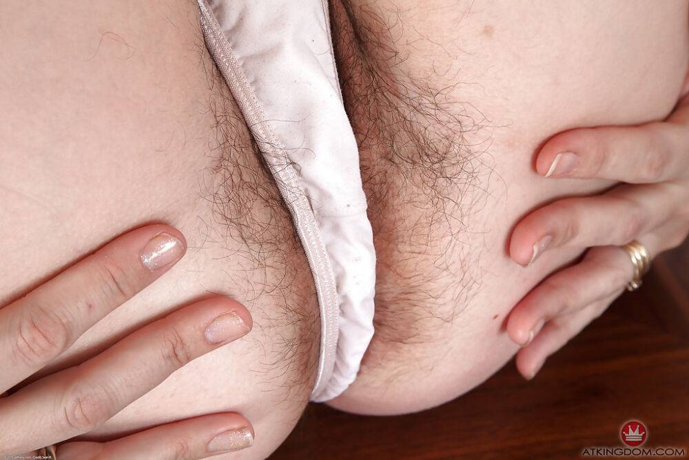 Aged lady Francesca spreads legs to displaying white panties and hairy bush - #10
