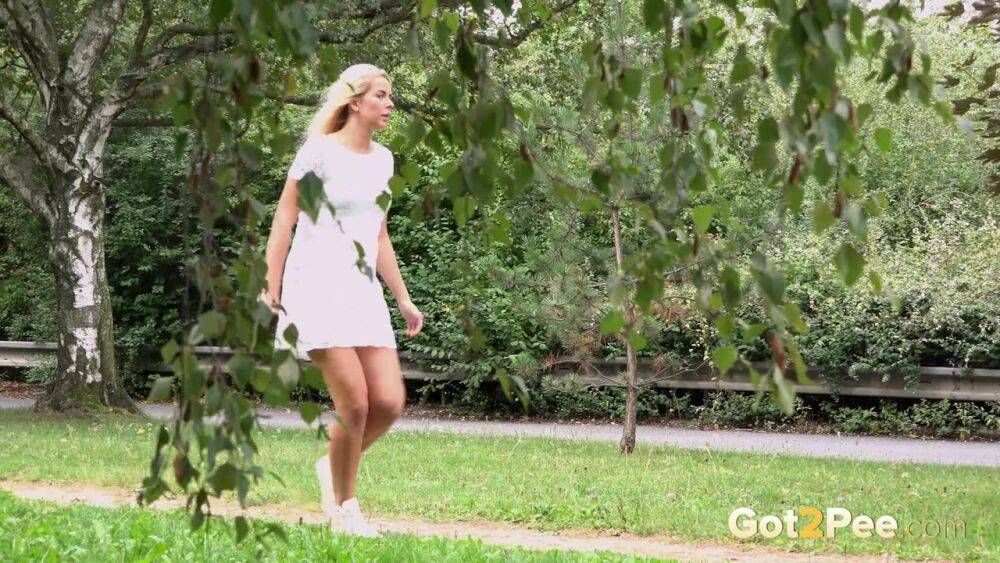 Beautiful blonde Nikki Dream in white lace dress pauses to pee in the park - #9