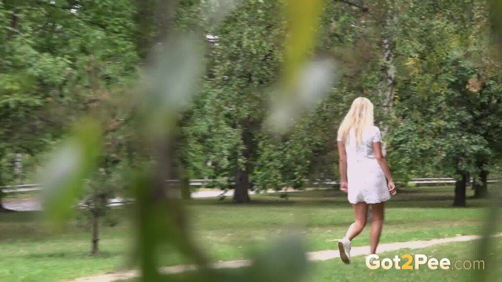 Beautiful blonde Nikki Dream in white lace dress pauses to pee in the park - #1