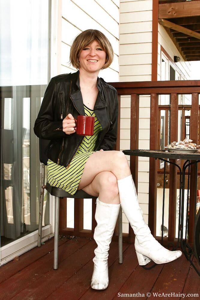 Filthy woman in white boots showing off her shaggy twat outdoor - #16