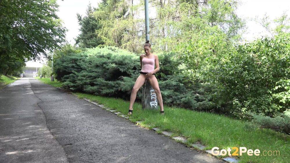 White girl hitches up her skirt to take a much needed pee outdoors - #13