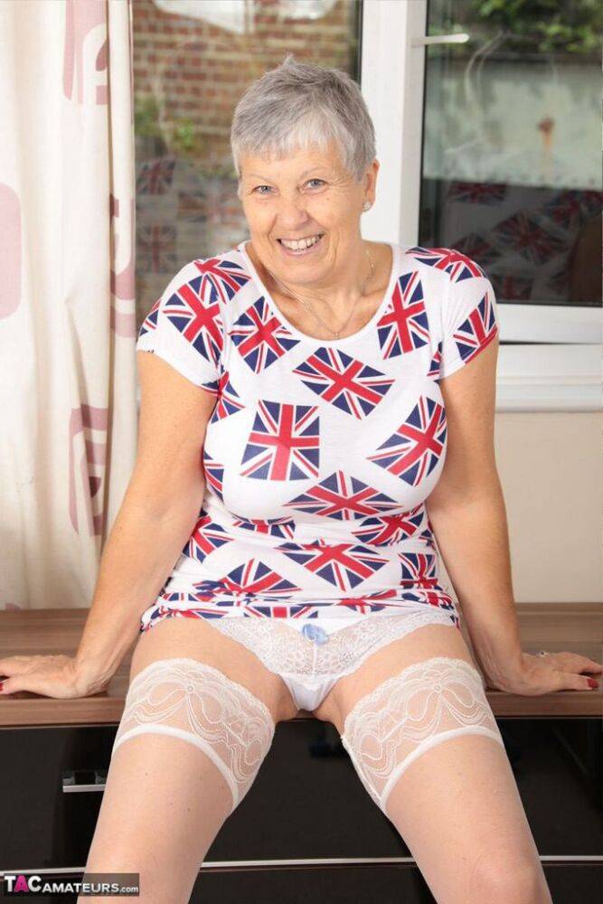 Old oma Savana hikes her dress up over lace panties and white bra - #8