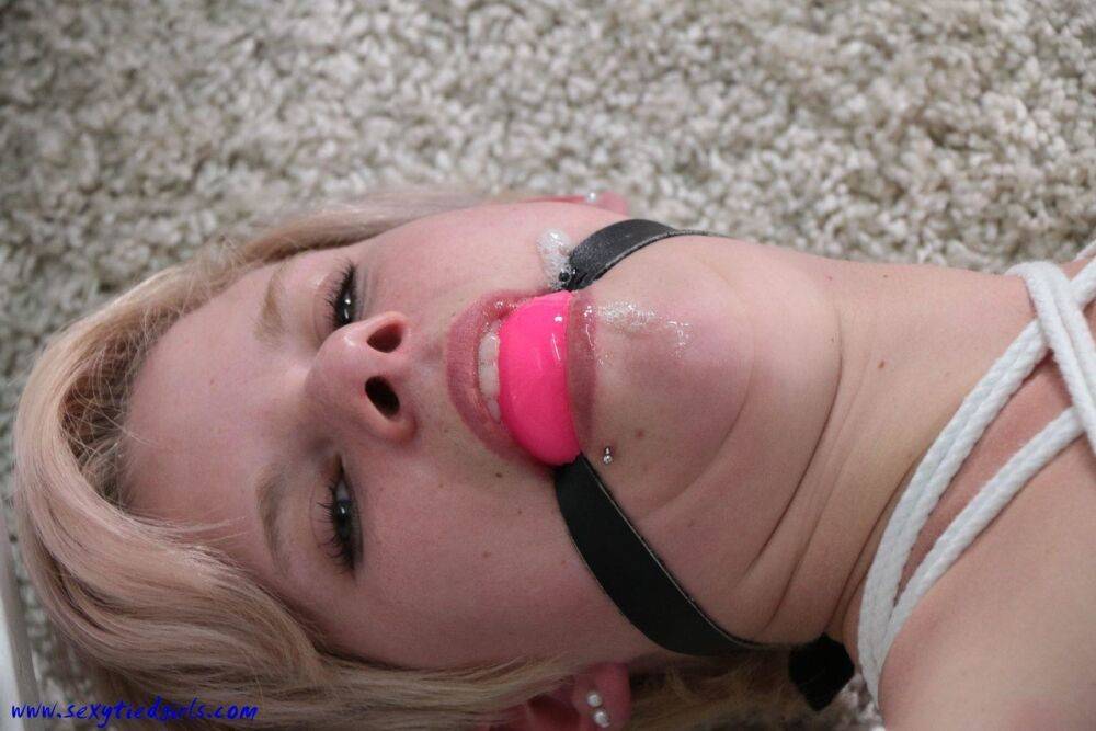 White girl with pretty feet struggles against ball gag and rope bindings - #4