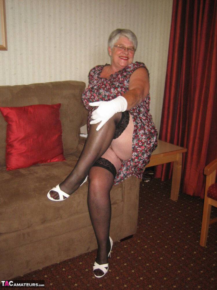 Silver haired nan Girdle Goddess bares her big tits and twat in white gloves - #2