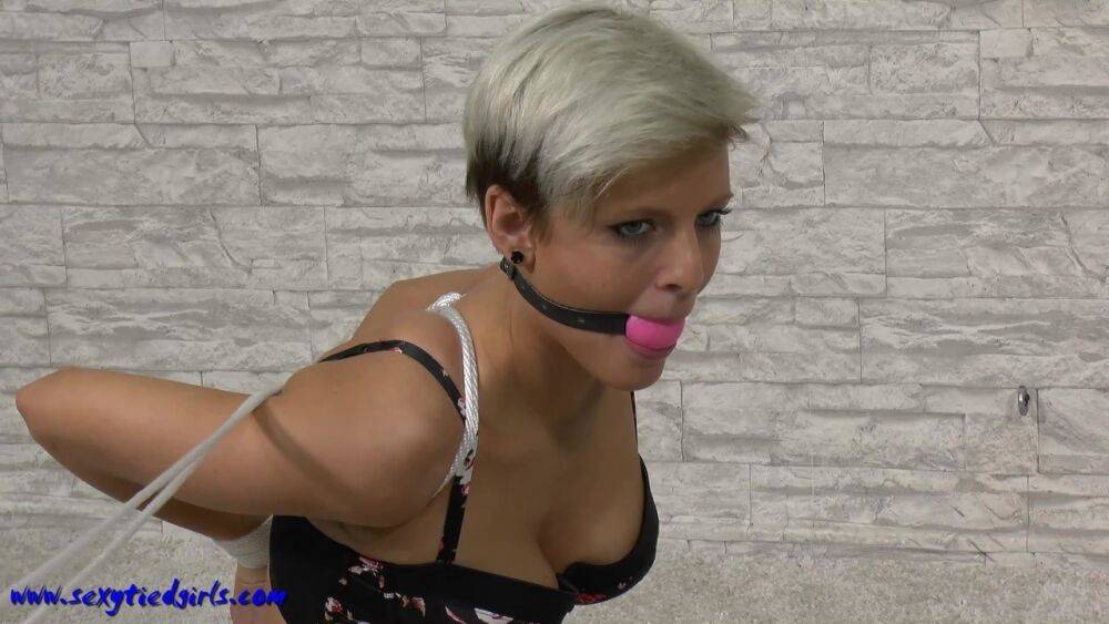 White girl with short blonde hair gets tied up while ball gagged - #15