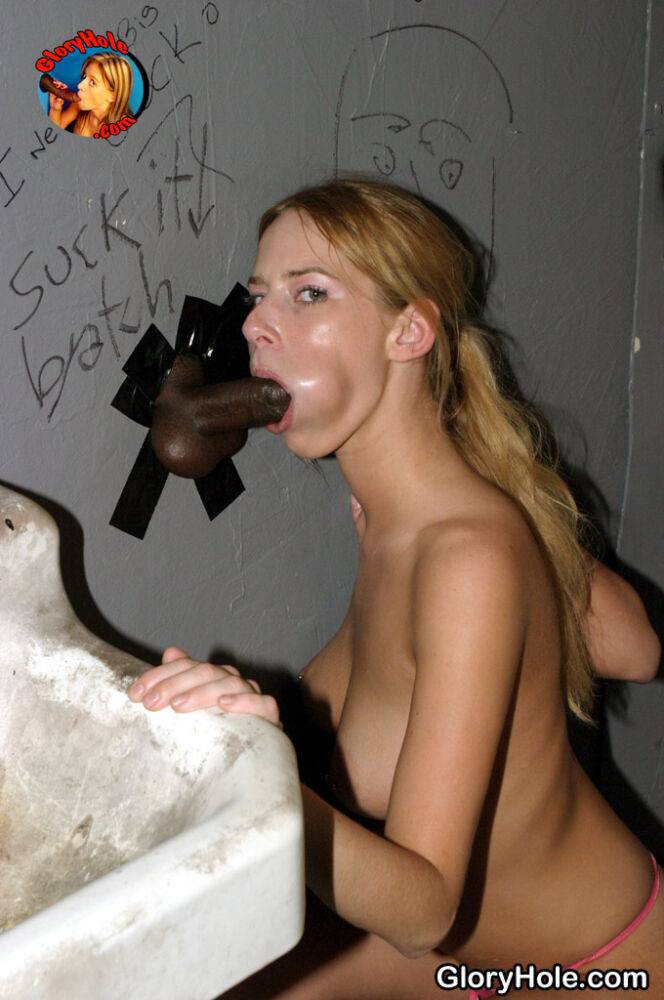 Trashy white girl Lain gags on a black dick at a gloryhole in filthy bathroom - #7