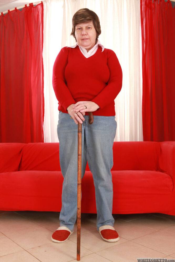 Old granny Miluska peels jeans to pose with cane in her underwear and slippers - #2