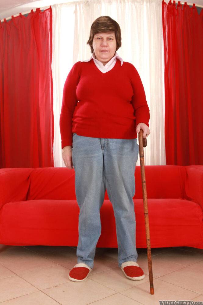 Old granny Miluska peels jeans to pose with cane in her underwear and slippers - #14