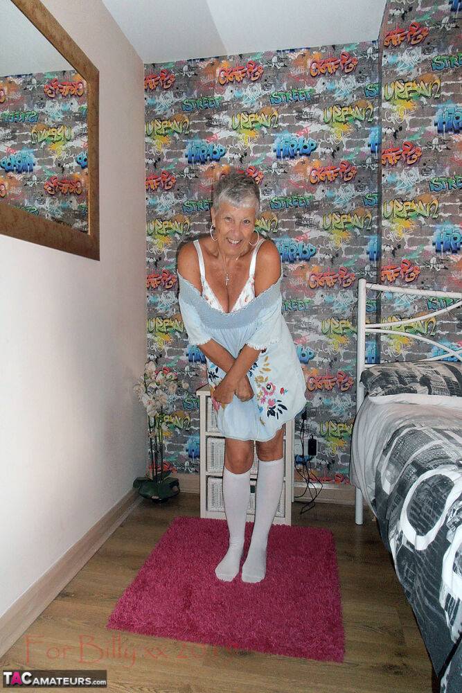 Silver haired granny Savana strips down to white knee socks in her bedroom - #2