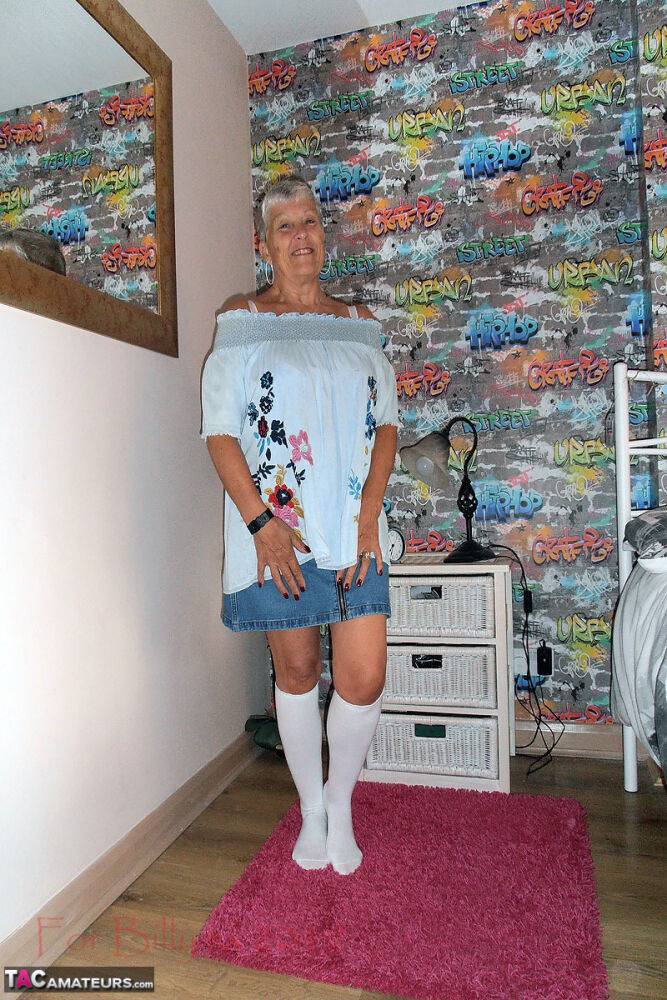 Silver haired granny Savana strips down to white knee socks in her bedroom - #14