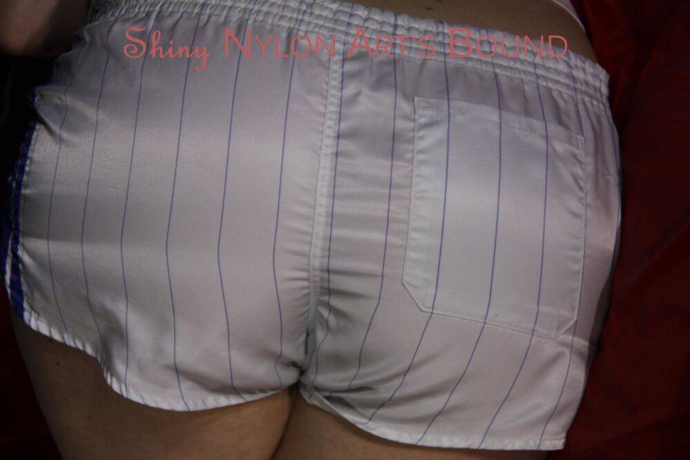 Sophie tied and gagged in white Shiny Nylon Shorts - #13