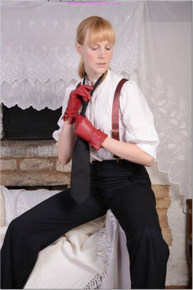 Fair skinned female Ariel pulls down her pants wearing red leather gloves - #11